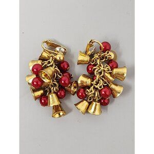 Vintage Avon Christmas Gold Bells‎ & Red Berries Dangle Clip Earrings